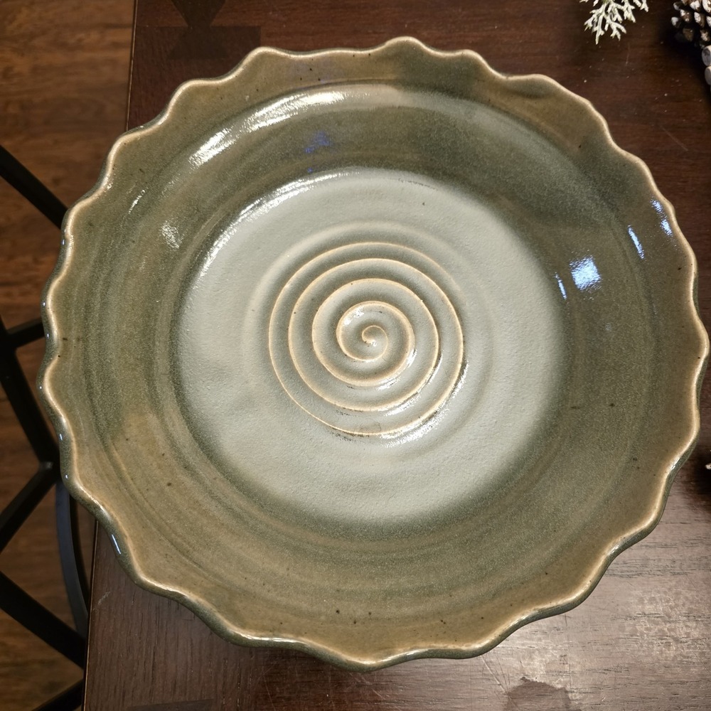 Art Pottery Green & Brown Bowl w/ Scalloped Edges 2011. Signed